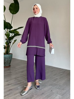 Etek Ucu Piliseli Biyeli Koyu Mor İkili Takım