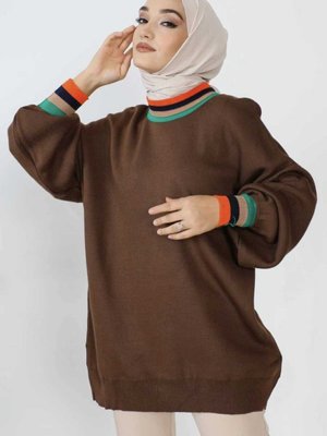 Kahverengi Modest Balıkçı Yaka Balon Kol Triko Tunik