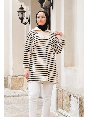 Siyah Önü Fermuarlı Çizgili Sweat Siyah Önü Fermuarlı Çizgili Sweat