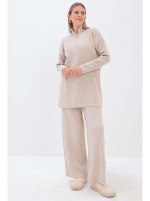 Fermuarlı Pantolonlu Triko Takım Taş
