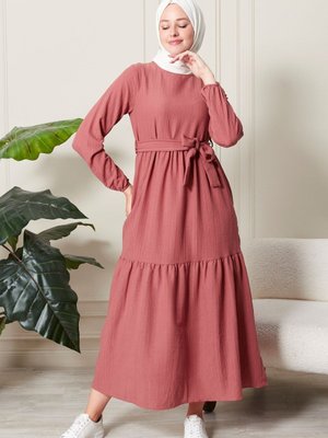 Gül Kurusu Rengi Kolu Lastikli Belden Kuşaklı Elbise