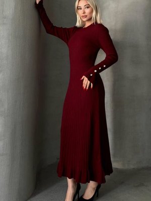 Bordo Fitilli Fırfırlı Triko Elbise