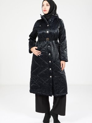 Lacivert Desenli Kapüşonlu Kap