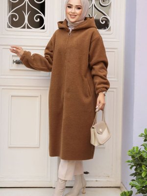 Kemerli Kahverengi Kaşe Kaban