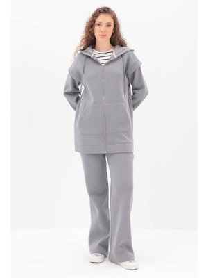 Gri Kolu Patlı Kapşonlu Pantolonlu Takım