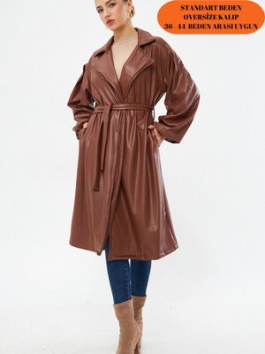 Kahve Bel Bağlamalı Kol Büzgülü Deri Trençkot