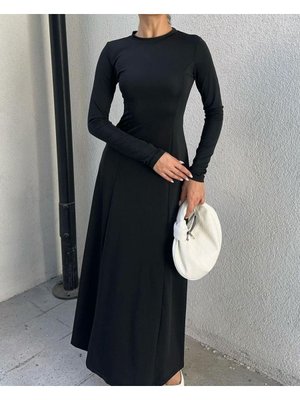 Kollu İe Maxi Kloş Geniş Etekli Basic Uzun Elbise İç Göstermez