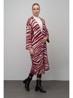 Bordo Zebra Desenli Uzun Salaş Triko Hırka
