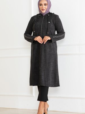 Petek Kumaş Kapşonlu Fermuarlı Mevsimlik Dizaltı Kap