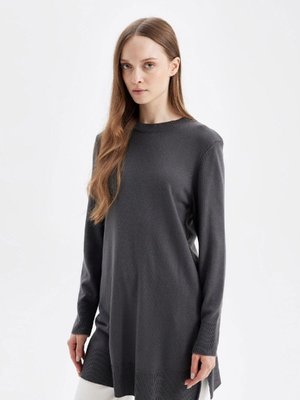 Antrasit Regular Fit Bisiklet Yaka Yırtmaçlı Basic Düz Kazak Tunik H3431az24au