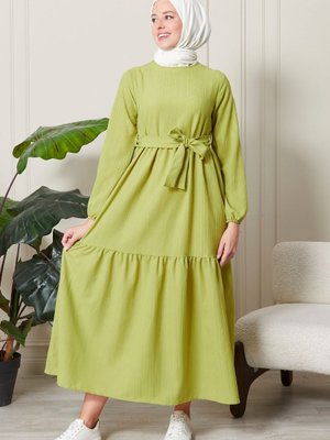 Yağ Yeşili Rengi Kolu Lastikli Belden Kuşaklı Giyim Elbise