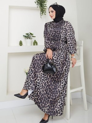 Kahverengi Leopar Desenli Şifon Elbise Kahverengi Leopar Desenli Şifon Elbise