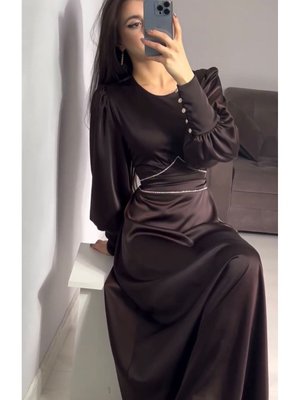Taş Detaylı Saten Abiye Elbise