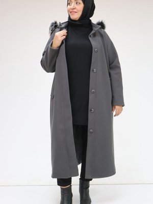 Büyük Beden Düğmeli Çıkarılabilir Kapüşonlu Kaşe Kaban Antrasit