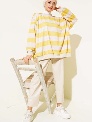 Sarı Yatay Çizgili Oversize Tunik
