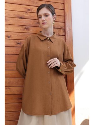 Köşe Manşet Detaylı Şık Düğmeli Gömlek Kahve