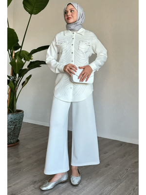 Taş Ve İnci Detay Beyaz İkili Takım