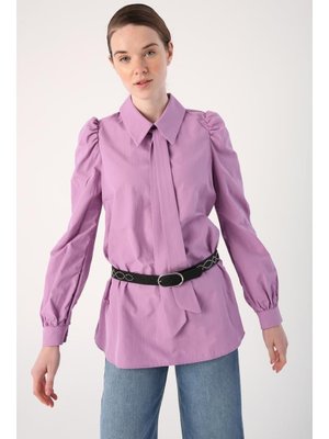 Lila Yakası Fular Detaylı Kolu Büzgülü Tunik