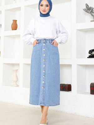 Beli Lastikli Kot Etek Açık Lacivert Beli Lastikli Kot Etek Açık Lacivert