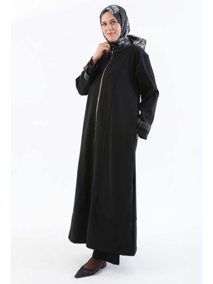 Siyah Deri Apolet Detaylı Fermuarlı Ferace