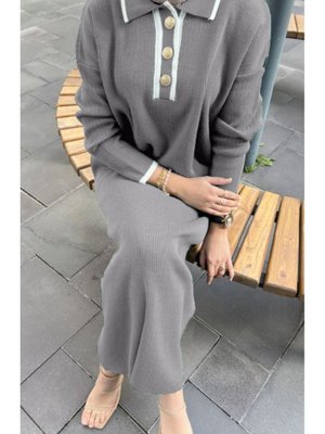 Oversize Düğmeli V Yaka Fitilli Triko Elbise