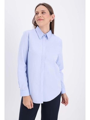 Mavi Pamuklu Gizli Patlı Gömlek