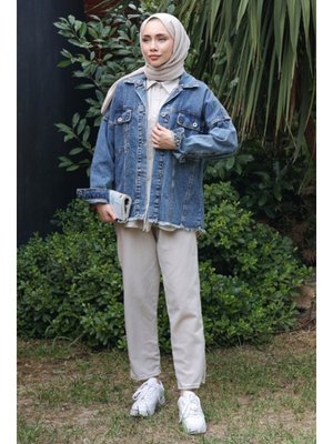 Koyu Mavi Eliya Püsküllü Kot Ceket