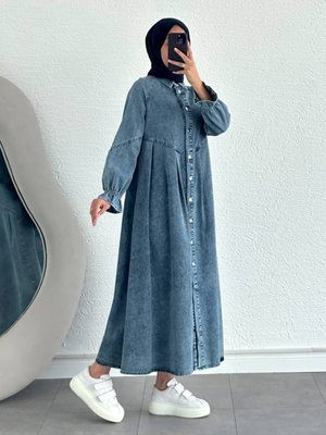 Önü Düğmeli Pile Detaylı Denim Kap Pardesü