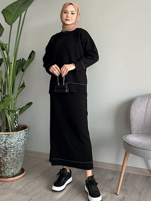 Biye Detay Basic Siyah Triko Takım