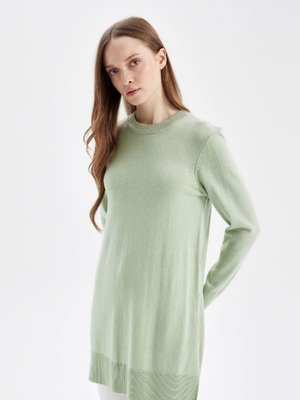 Regular Fit Bisiklet Yaka Yırtmaçlı Basic Düz Triko Kazak Tunik H3431az24au