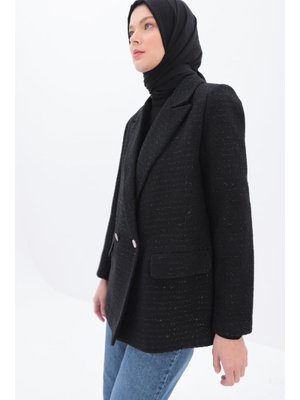 Siyah Simli Tüvit Kumaş Blazer Ceket