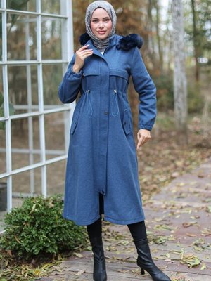 İndigo Tünel Detaylı Kaşe Kaban