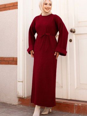 Beli İp Bağlamalı Düşük Kol Triko Elbise Kırmızı