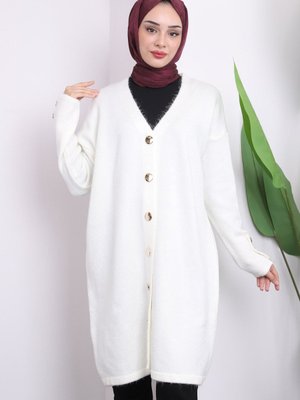 Ekru Düğmeli Uzun Şardonlu Triko Hırka