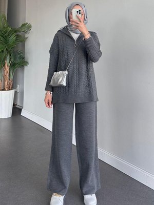 Yarı Fermuarlı Örme Triko Takım Gri