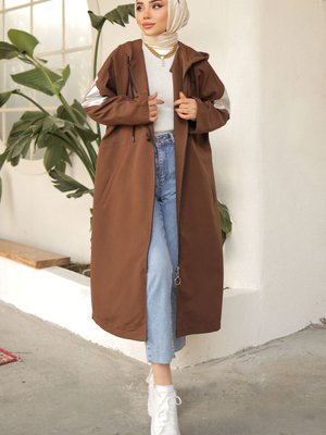 Parlak Kol Detaylı Trençkot Kahverengi