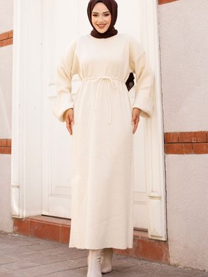 Beli İp Bağlamalı Düşük Kol Triko Elbise Bej