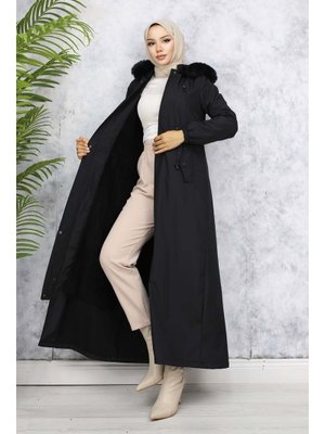 Siyah İçi Peluşlu Yakası Kürklü Uzun Bondit Mont