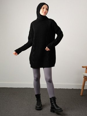 Links Detaylı Selanik Örgü Kalın Saçlı Triko Tunik Siyah