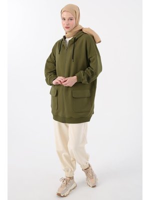 Haki Cepli Kapüşonlu Oversize Sweat Hırka Haki Cepli Kapüşonlu Oversize Sweat Hırka