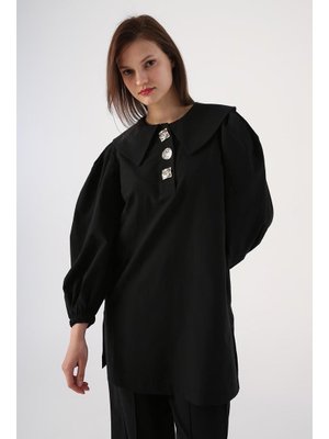 Siyah Gold Düğmeli Büyük Yakalı Pantolonlu Takım