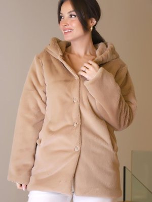 Camel Kapüşonlu Peluş Kaban