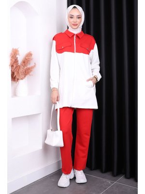 Kırmızı Fermuarlı Pantolonlu İki İplik Takım Kırmızı Fermuarlı Pantolonlu İki İplik Takım