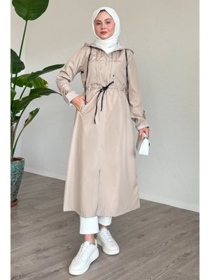 Çakımlı Çizgili Desen Uzun Taş Trençkot