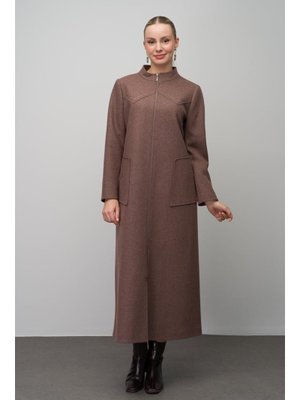 Taş Detaylı Büyük Beden Yün Karışımlı Uzun Kap Melanj Kahve
