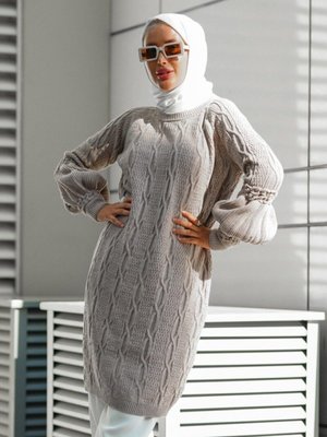 Halat Örgü Balon Kol Triko Tunik Vizon