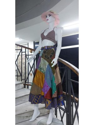 Mavi Hint Patchwork Ters Yüz Kullanılabilen Yazlık Anvelop Uzun Etek Mavi Hint Patchwork Ters Yüz Kullanılabilen Yazlık Anvelop Uzun Etek