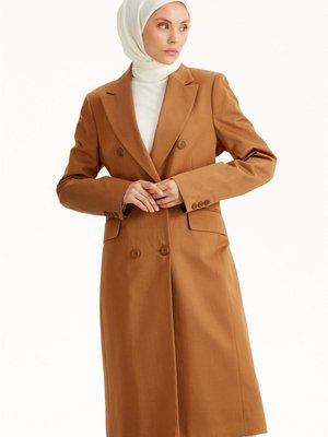 Kruvaze Yaka Uzun Blazer Ceket Camel