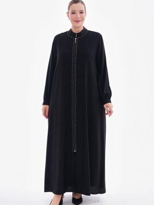 Siyah Medine Ipeği Günlük Giy Çık İncili Fermuarlı Ferace