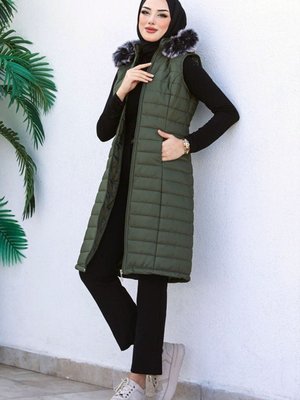 Senay Çift Cepli Kapüşonlu Şişme Yelek Yeşil